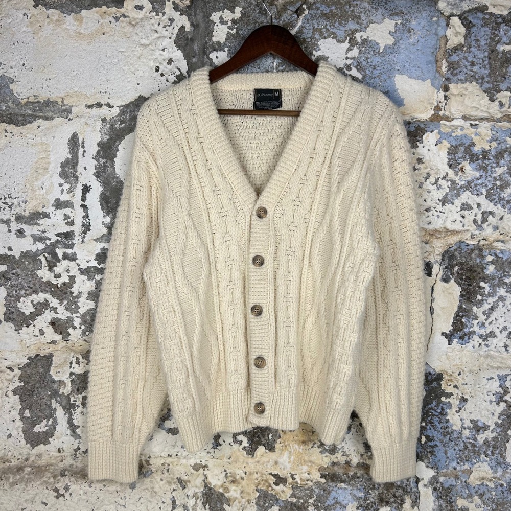Vintage 80's JCPenney Cardigan Cream Chunky Cable Knit Orlon Sweater